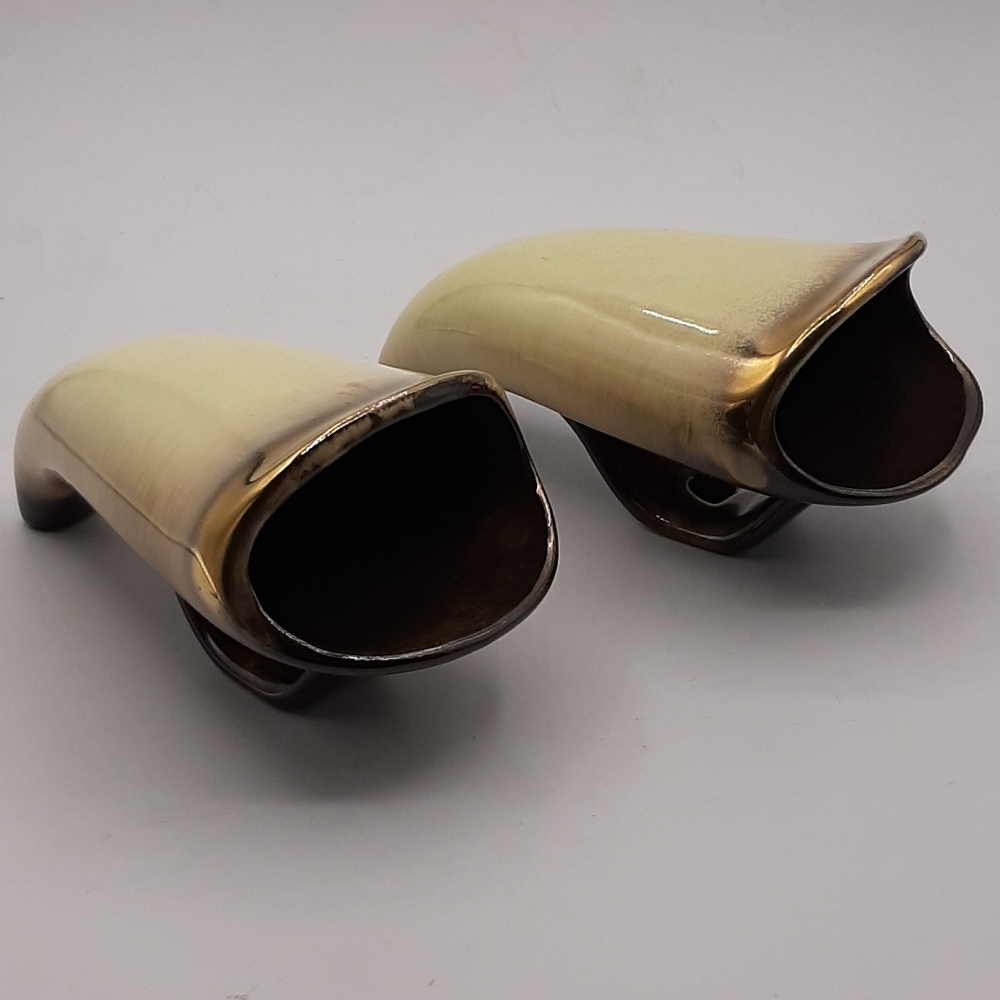Pair of Vintage Handmade Unique Ceramic Horns on Stand Glazed Gold Trim